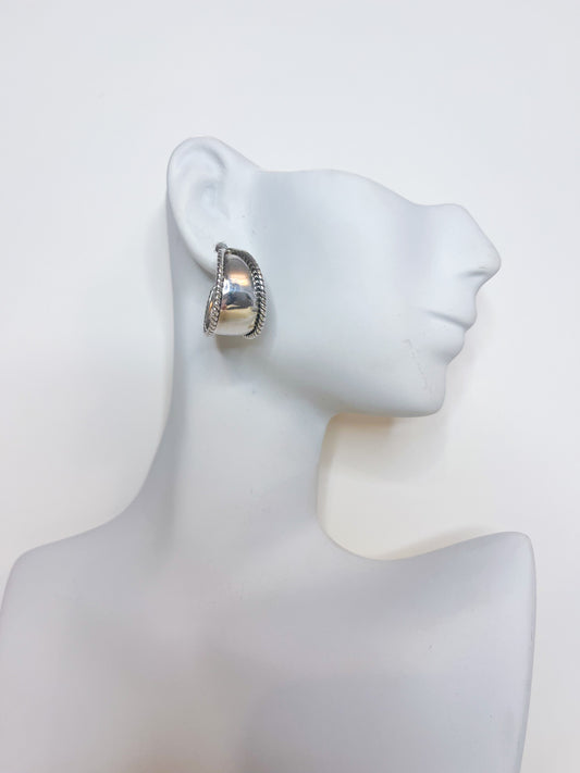 Wide Silver tapered hoop earrings roped edges